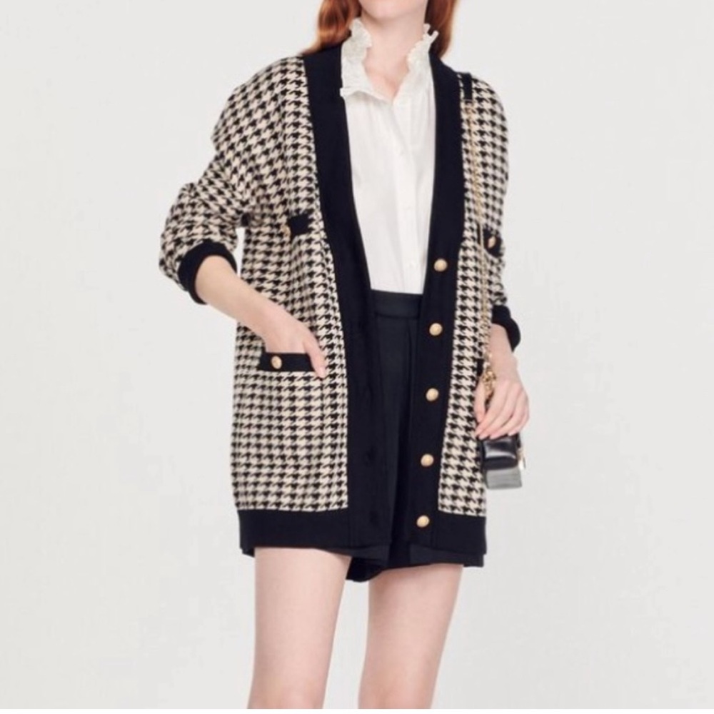 Sandro Black and Cream Houndstooth Button Cardigan